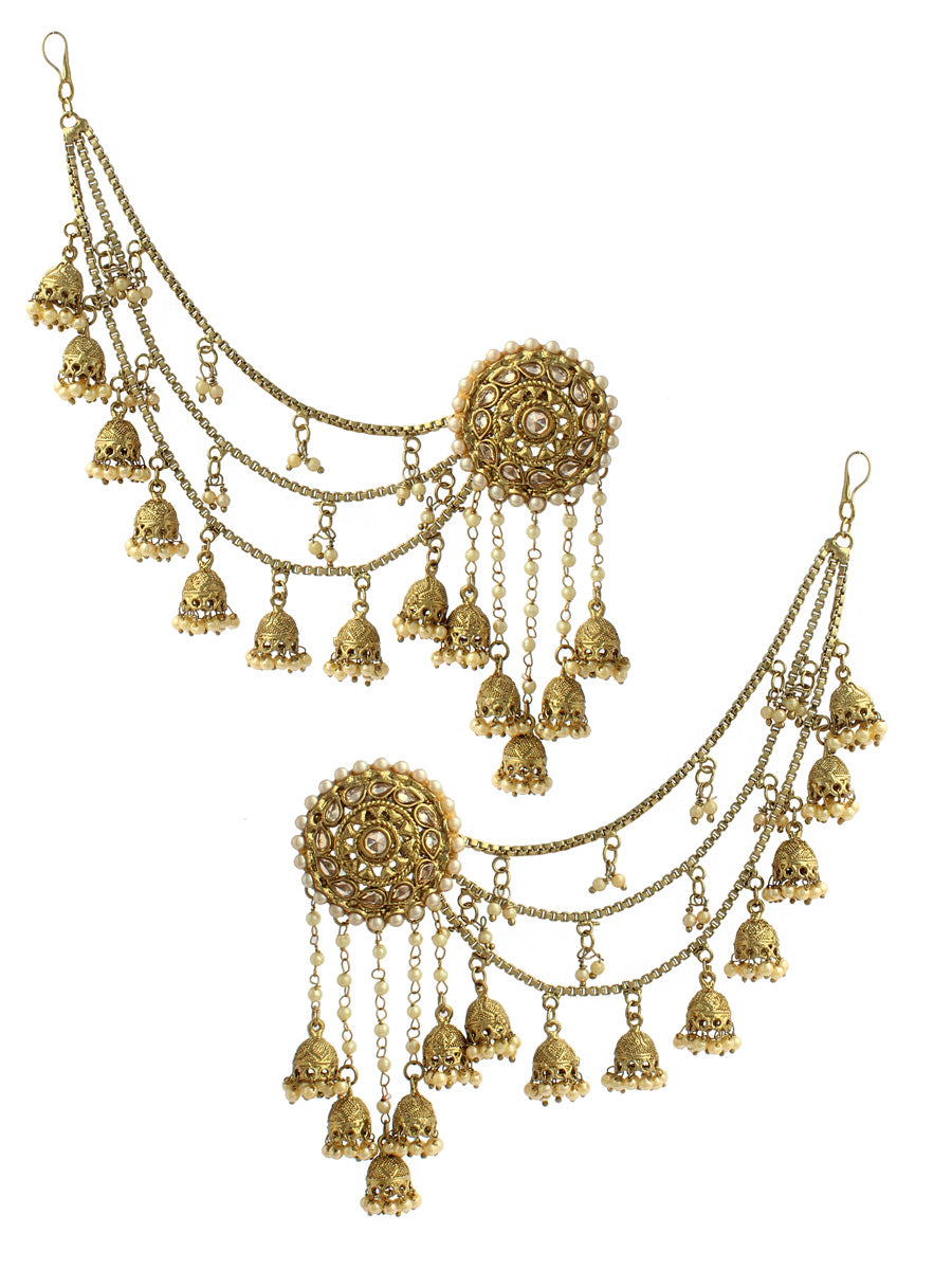 Silver Gold Plated Lotus Moon Jhumki Hair Chain Earrings